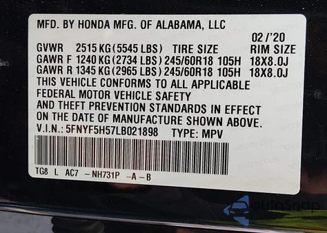 2020 Honda Pilot 2Wd Ex-L z USA, uszkodzony, nr VIN 5FNYF5H57LB021898
